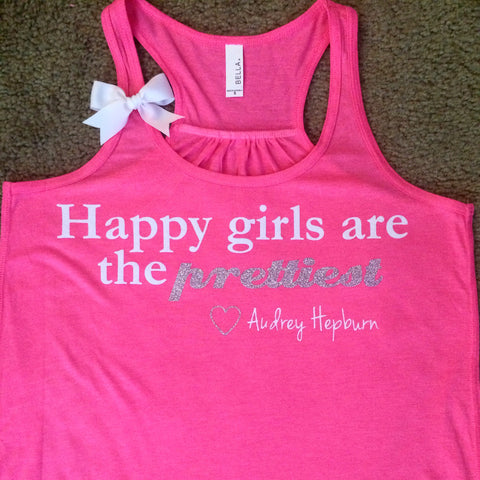Happy Girls are the Prettiest - NEON PINK - Ruffles with Love - Racerback Tank