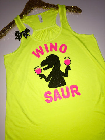 Winosaur - NEON YELLOW -Wine Tank - Ruffles with Love - Racerback Tank - Womens Fitness - Workout Clothing - Workout Shirts with Sayings