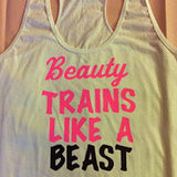 Beauty Trains Like A Beast in White Work-out Racerback Tank Top