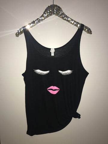 Eyelashes and Lips - Black Tank - Makeup Tank - Slouchy Relaxed Fit Tank - Ruffles with Love - Fashion Tee - Graphic Tee - Workout Tank