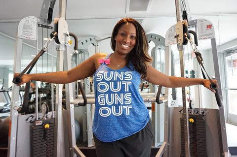 Suns Out Guns Out - Ruffles with Love - RWL -Racerback Tank - Womens Fitness - Workout Clothing - Workout Shirts with Sayings