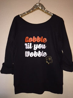 Gobble 'Til You Wobble - Thanksgiving Sweatshirt - Ruffles with Love - Holiday Sweatshirt - Off the Shoulder Sweatshirt - Womens Clothing - RWL