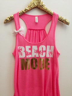 Beach Mode - Neon Pink -  Ruffles with Love - Racerback Tank - Womens Fitness - Workout Clothing - Workout Shirts with Sayings