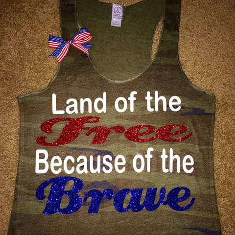 Land of the Free Because of the Brave - CAMO - Ruffles with Love - Racerback Tank - Womens Fitness - Workout Clothing - Workout Shirts with Saying