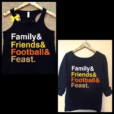 Family Friends Football and Feast - Thanksgiving List Shirt - Ruffles with Love - Thanksgiving Shirt