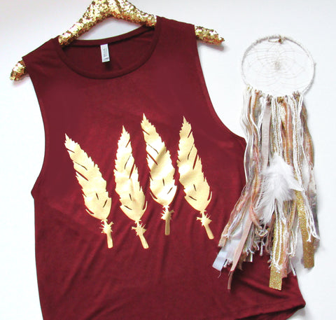Feather Muscle Tank - Maroon - RWL - Ruffles with Love - Womens Fashion Clothing - Graphic Tee - Fashion Tee