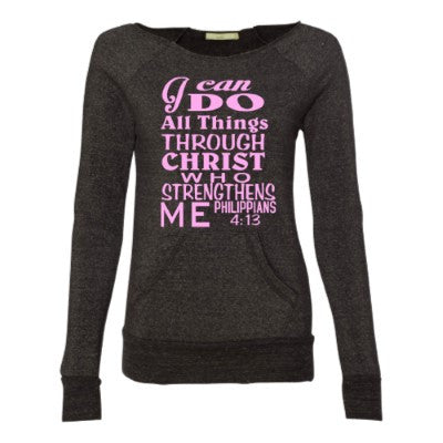 I Can Do All Things - Philippians 4:13 - Eco Fleece - Off the Shoulder Sweatshirt - Ruffles with Love - Racerback Tank - Womens Fitness - Workout Clothing - Workout Shirts with Sayings