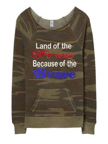 Camo - Land Of the Free - Off The Shoulder Sweatshirt- Eco Fleece - Ruffles with Love