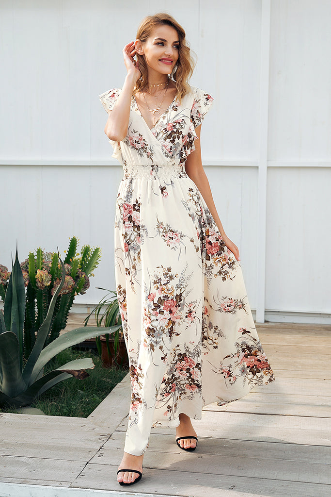 RWL Boutique - Ruffle backless bow print long dress Women v neck tie u Ruffles with Love RWL Boutique - Ruffle backless bow print long dress Women v neck tie u Ruffles with Love