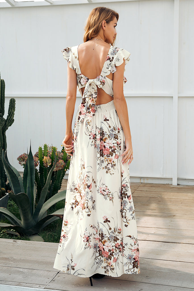 RWL Boutique - Ruffle backless bow print long dress Women v neck tie u Ruffles with Love RWL Boutique - Ruffle backless bow print long dress Women v neck tie u Ruffles with Love